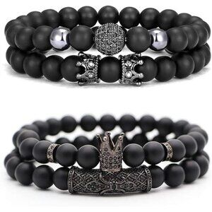 CARSHIER 4 PCS Bracelets for Men Women Friendship Lava Stone Crown Bead